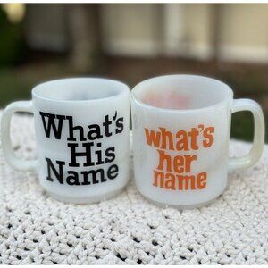 Vintage 70's Retro "What’s Her / His Name" Coffee Mug White Milk Glass Cup Pair